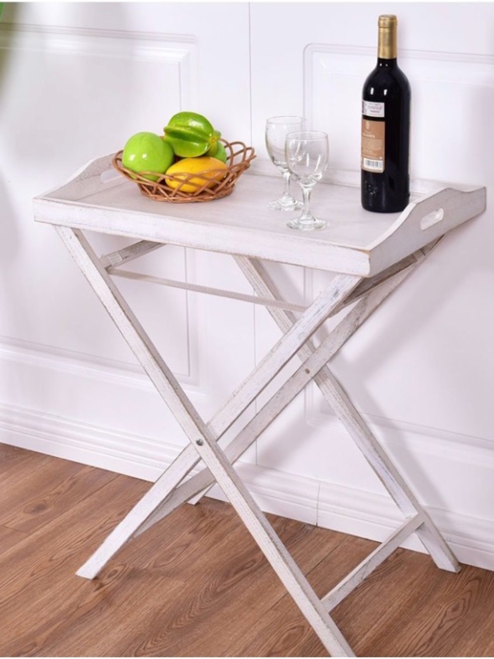 Distressed White Folding Tray Table - Home Dining